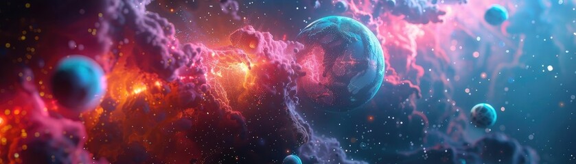 Fototapeta premium Vibrant cosmic scene featuring colorful planets, swirling gases, and sparkling stars in a nebula backdrop, perfect for sci-fi artwork.
