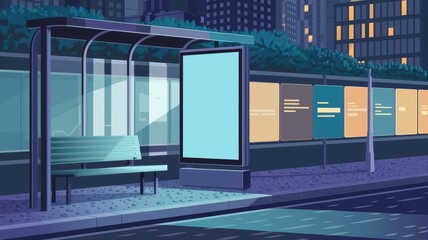 Obraz premium A serene night scene of a bus stop with a bench and illuminated advertising panel. The urban landscape features modern buildings and soft lighting