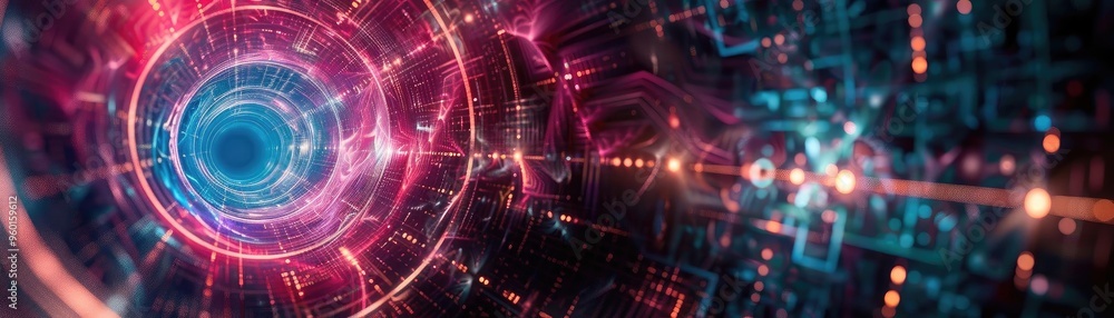 Poster futuristic digital background featuring swirling neon lights and intricate patterns, ideal for techn