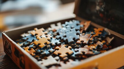 Jigsaw puzzle pieces spilling out of a box onto a table, ready to be assembled