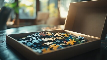 Fototapeta premium Jigsaw puzzle pieces spilling out of a box onto a table, ready to be assembled