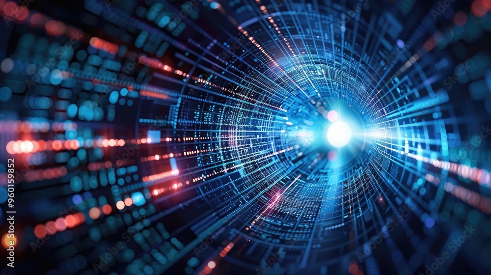 Poster abstract digital tunnel with vibrant lights, representing technology and data flow in a vibrant futu