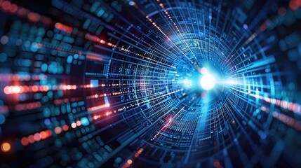 Fototapeta premium Abstract digital tunnel with vibrant lights, representing technology and data flow in a vibrant futuristic environment.