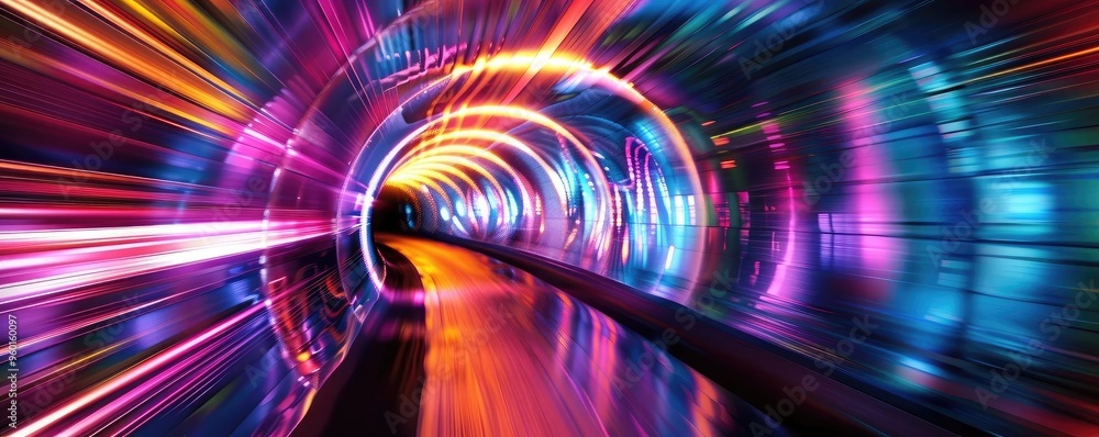 Poster a vibrant tunnel of lights showcasing dynamic colors and motion, evoking a sense of speed and advent