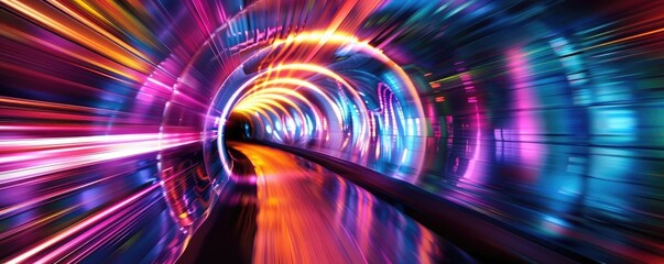 A vibrant tunnel of lights showcasing dynamic colors and motion, evoking a sense of speed and adventure.