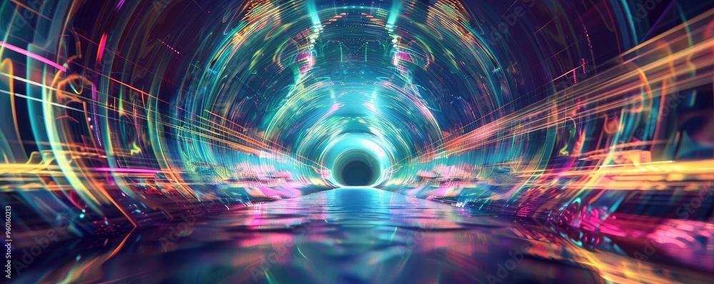 Poster a vibrant tunnel of light and color, creating a mesmerizing, futuristic atmosphere that evokes a sen
