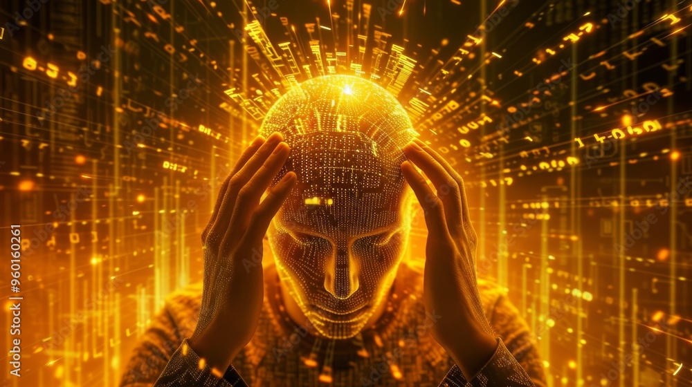Poster a glowing digital head is surrounded by streams of data, representing the flow of information and ad