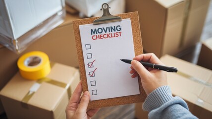 A person holding a moving checklist, with several checked items, surrounded by moving boxes and packing materials