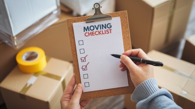 A person holding a moving checklist, with several checked items, surrounded by moving boxes and packing materials