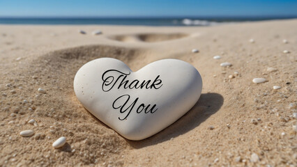 Fototapeta premium Heart shaped pebble stone in the beach with the text thank you 