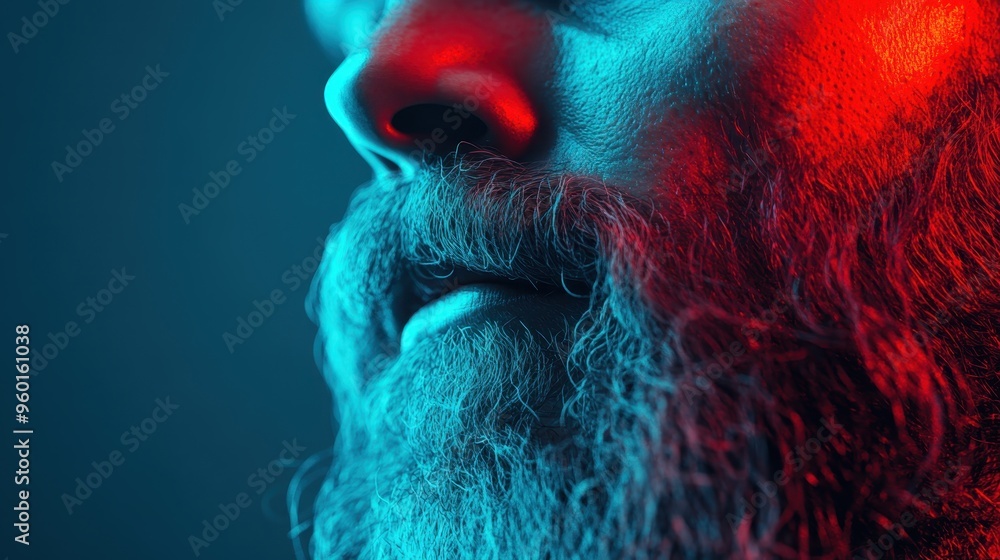Poster an abstract artwork portraying a creative blend of blue and red gradient lighting which creates a vi