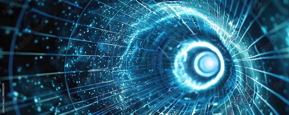 Poster a mesmerizing digital swirl of blue light creating an ethereal tunnel effect, perfect for science fi