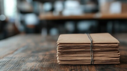 A neat stack of brown envelopes, bound together with string, sits on a rustic wooden table, suggesting paperwork, communication, or a collection of important documents.