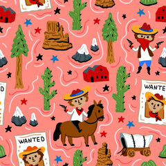 Bright cheerful children seamless vector pattern with American western cowboy from wild west rural Landscape. Childish background. Cheerful characters with animals and plants.