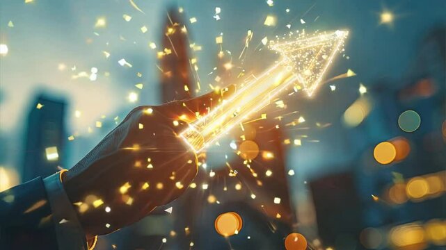 Igniting Growth: A businessman holds a shimmering, upward arrow against a dazzling cityscape, symbolizing soaring success and boundless potential.