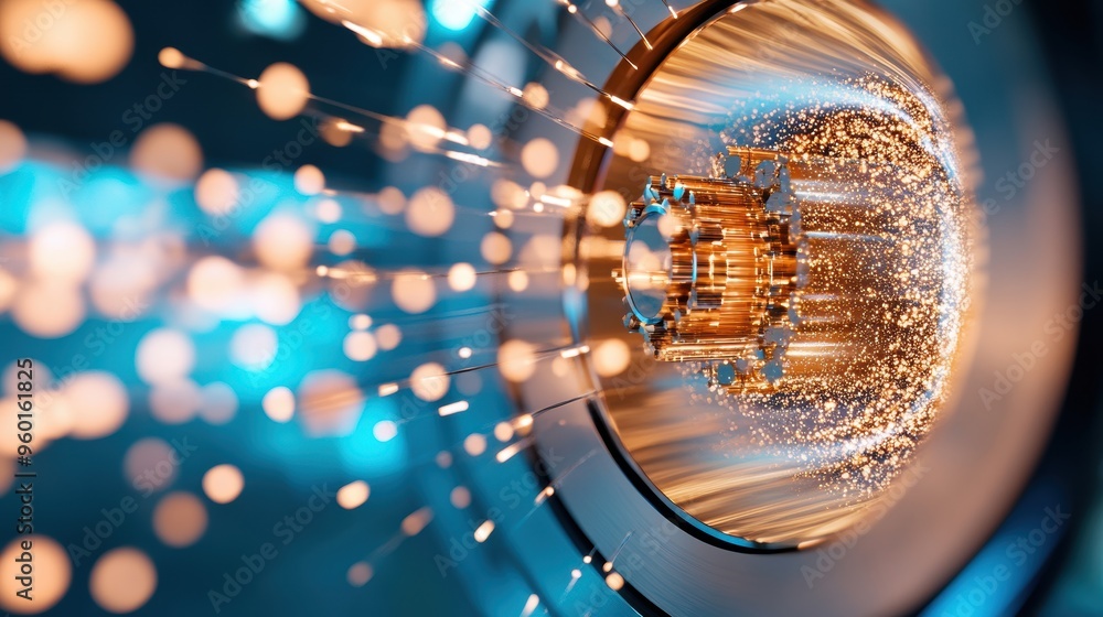 Poster a close up of a superconducting magnet, a key component of particle accelerators, showcasing its int