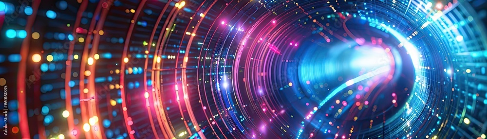 Poster a vibrant swirl of colorful lights creating a mesmerizing digital tunnel effect, perfect for backgro