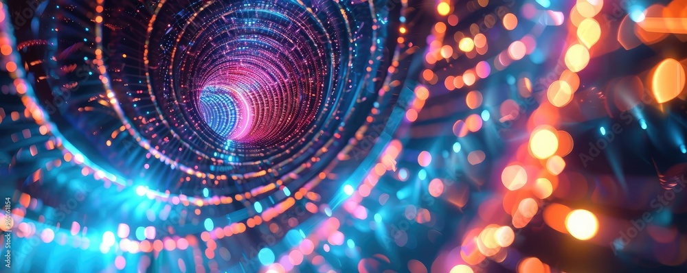 Poster a vibrant tunnel of lights showcasing a mesmerizing blend of colors, creating a dynamic visual exper