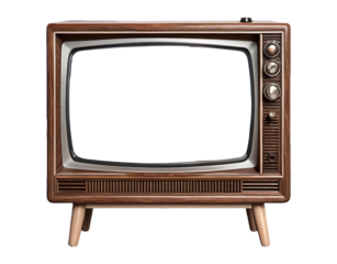 Retro wooden TV box cut out with frame screen cut out, television of 1970s or 80s wood vintage historical show monitor png isolated transparent background
