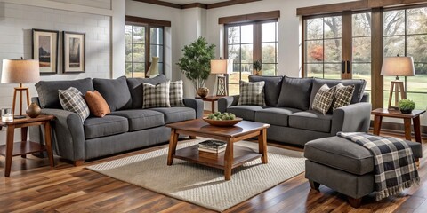 Stylish and comfortable living room furniture collection in a charcoal flannel fabric, offering cozy and inviting