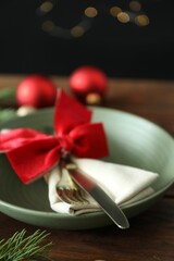 Beautiful Christmas setting on wooden table, closeup