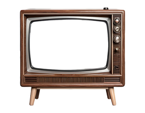 Retro wooden TV box cut out with frame screen cut out, television of 1970s or 80s wood vintage historical show monitor png isolated transparent background