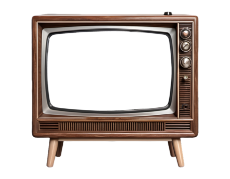 Retro wooden TV box cut out with frame screen cut out, television of 1970s or 80s wood vintage historical show monitor png isolated transparent background
