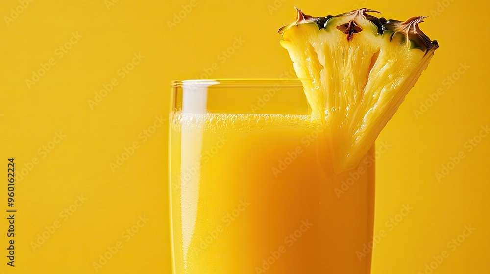 Sticker A refreshing glass of orange juice garnished with a pineapple slice against a bright yellow background.