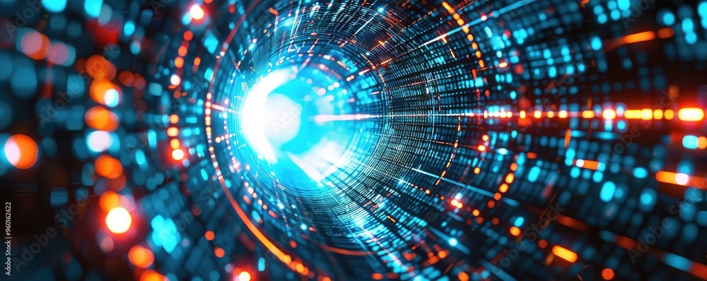 Poster a vibrant tunnel of light showcasing abstract technological patterns, symbolizing innovation and dig