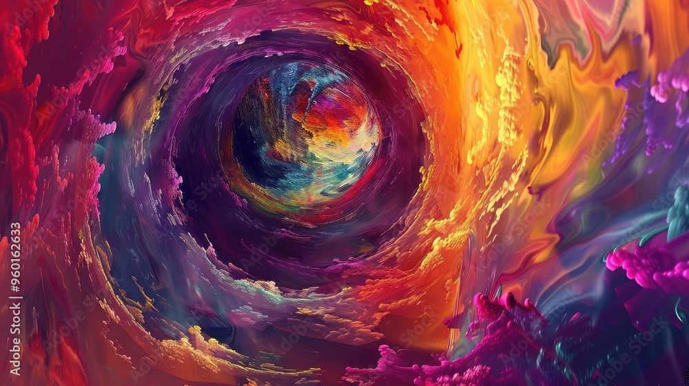 Poster a vibrant swirl of colors representing a cosmic journey through a mystical vortex of abstract shapes