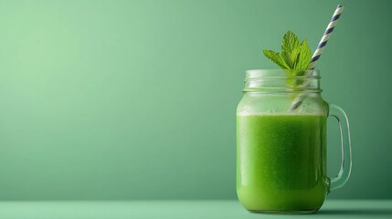 A refreshing green drink served in a mason jar with a straw and mint garnish.