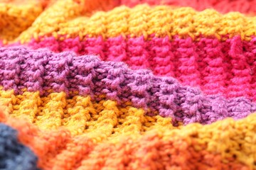 Texture of colorful knitted fabric as background, closeup