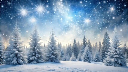 Fototapeta premium Winter wonderland scenery featuring snowy trees against a twinkling silver backdrop with falling snowflakes