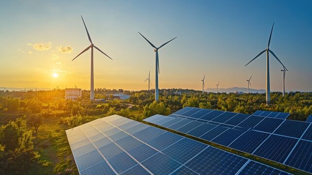 Solar panels and wind turbines generating renewable energy during sunset, symbolizing sustainable power solutions for the future