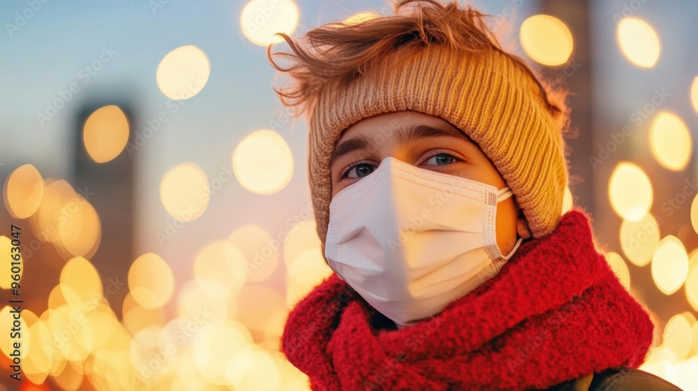 Wall mural A person wearing a face mask in a crowded public space, signifying the need for precautions to prevent contagion.