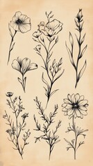 A set of black and white drawings of flowers