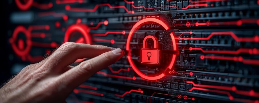 Computer screen with red warning signs and a hand reaching towards a lock icon, cybersecurity breach response