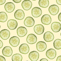 Round cucumber slices on beige background, pattern design