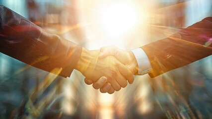 Shaking Hands, Sealing the Deal: A powerful image of two businessmen shaking hands, symbolizing agreement, trust, and a shared vision, with a bright sunburst behind them representing a promising futur
