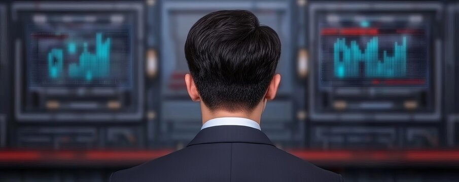 Businessman analyzing holographic data charts with a digital lock, cybersecurity risk management, futuristic office - Powered by Adobe