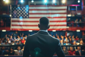A speaker addressing a diverse audience in front of an American flag backdrop The scene conveys a sense of leadership and engagement in a formal setting