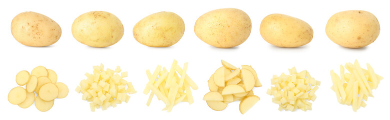 Fresh potatoes isolated on white, set. Sliced in different ways and whole