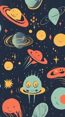 A colorful space scene with many planets and a smiling alien