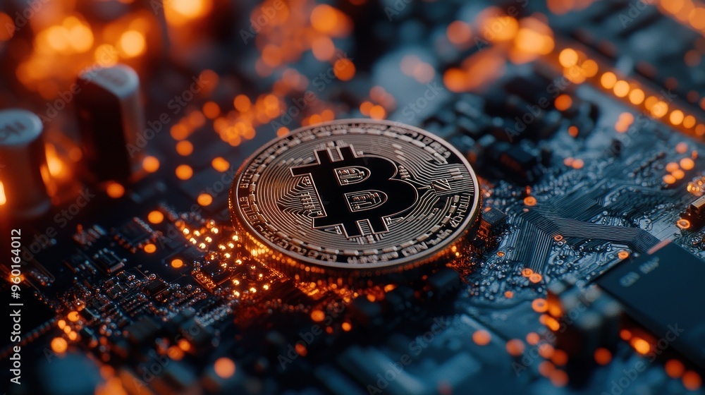 Poster gold bitcoin coin resting on a circuit board. the bitcoin coin is in focus, while the circuit board 