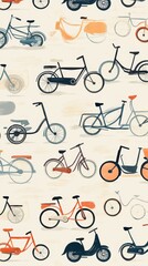 A colorful painting of many different types of bicycles