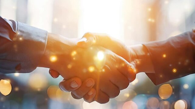 Golden Partnership: A handshake radiates success, symbolizing a powerful business agreement bathed in warm, optimistic light. 