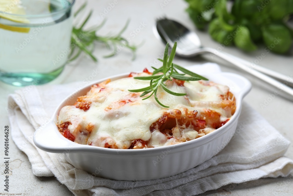 Poster Delicious al forno pasta in baking dish on light table, closeup