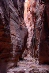 The breathtaking beauty of Buckskin Gulch Slot Canyon on the Arizona, Utah border. With narrow walls and striking pink rock, this awe-inspiring natural landscape is enhanced by dramatic natural light.