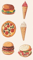 A series of food items including a hamburger, a hot dog, a pizza, a waffle