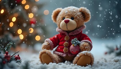 Teddy Bear in Santa suit with gifts in snowy weather